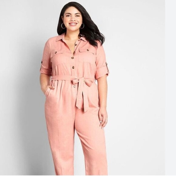 ModCloth Pink Linen Jumpsuit‎ with Belt Size: XL - Picture 2 of 16